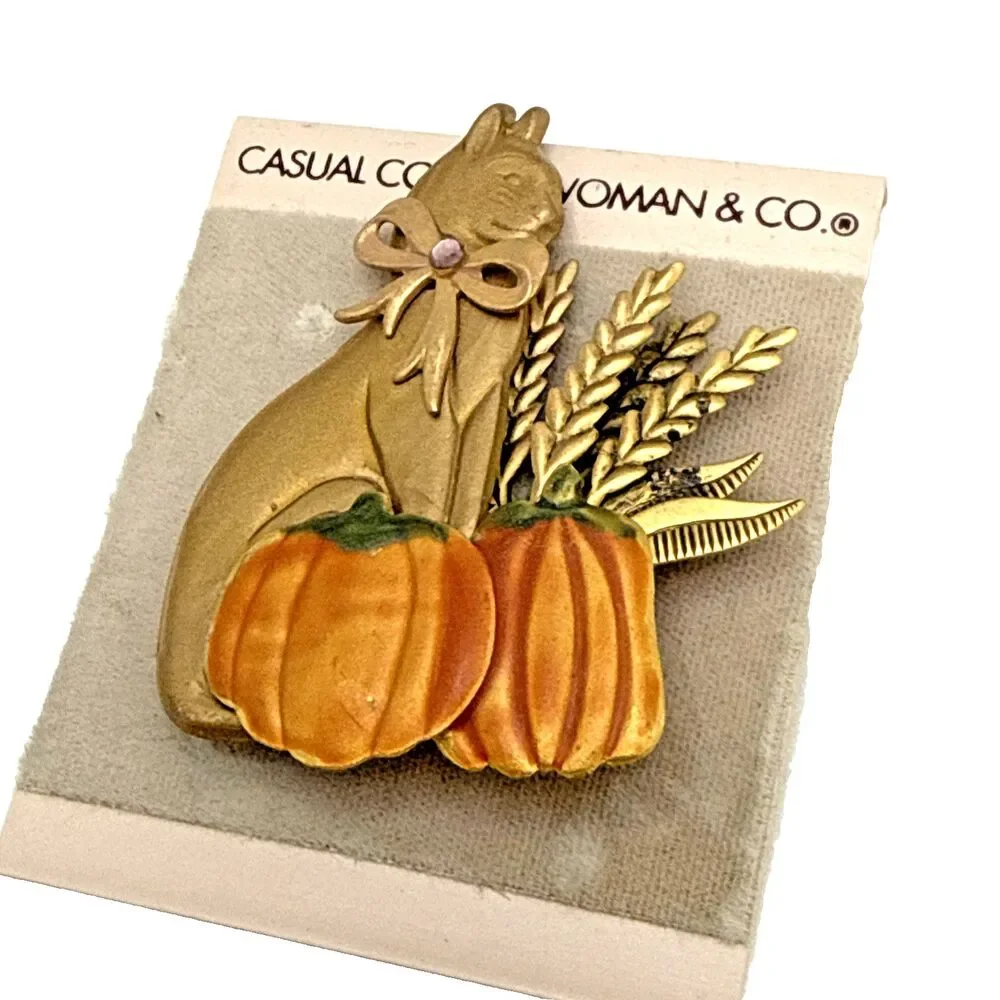NWT Vintage 1990s Fall Autumn Cat & Pumpkins Brooch 2.5